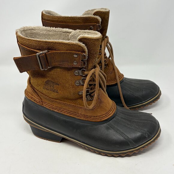 Sorel women's Winter Fancy Lace II duck boots rubber suede brown tan 9 buckle - Picture 1 of 13